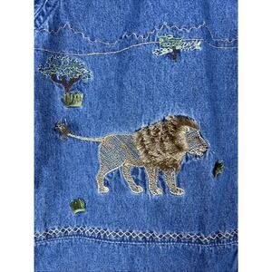 Vintage Lemon Grass Safari Denim Blouse Lion Zeba Embroidery Size Petite Medium